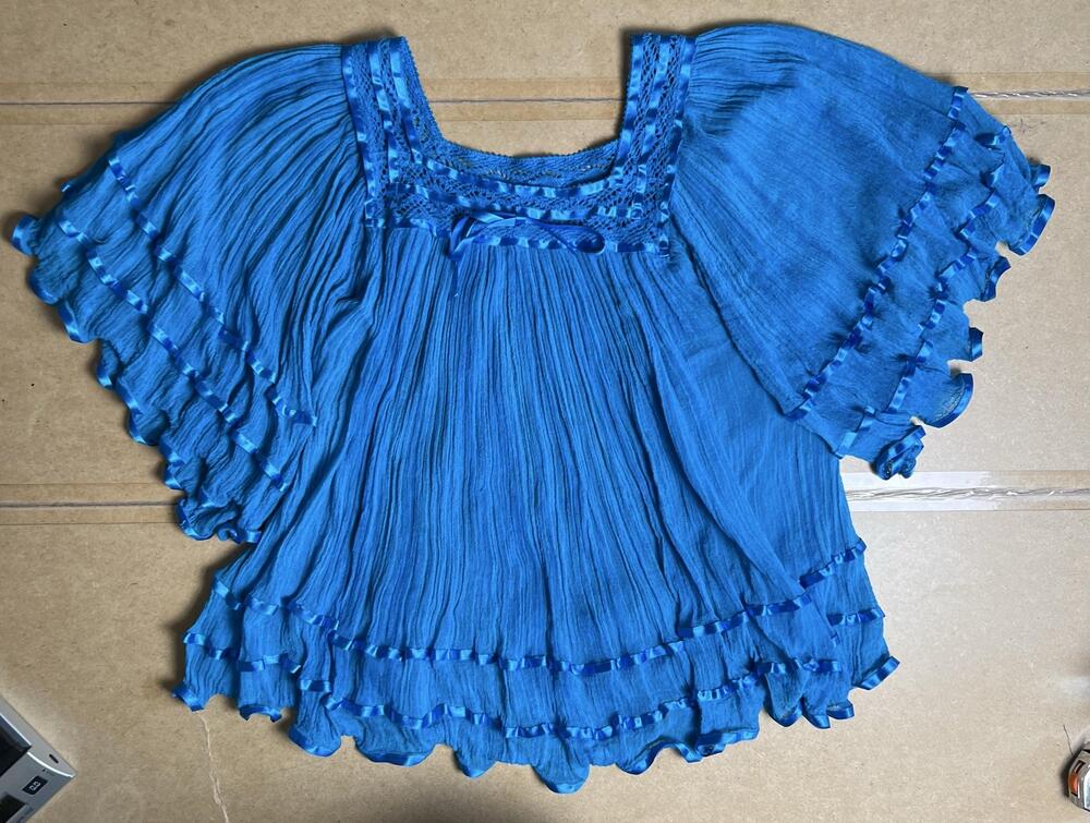 Tunic Womens M Blue Square Neck Crochet Ruffle Pleated Lightweight Breathable - Picture 2 of 7
